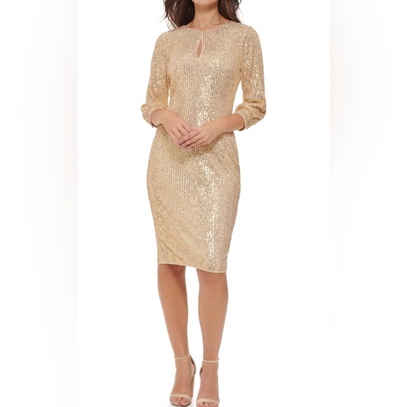 NWT Women’s KENSIE Gold Sequin Mesh Blouson Sleeve Midi Dress Size 6 - Picture 1 of 6